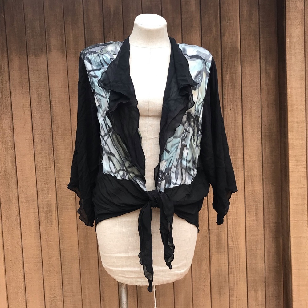 Vintage 80s Sheer Open Blouse Top Abstract Print L - image 3